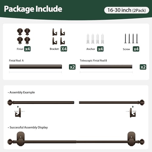 KAMANINA No Drill Curtain Rods 2 Pack 16-30", 3M Adhesive Brackets, Bronze - color: Bronze, size: 16-30"（2Pack）
