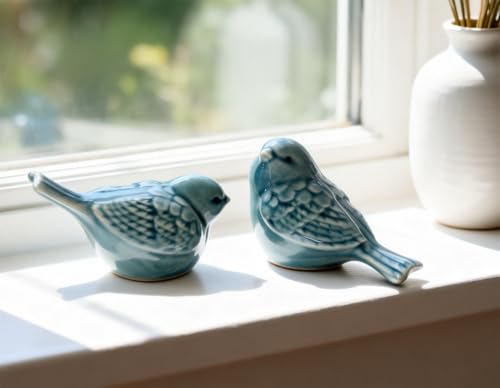 Pair of Ceramic Bird Figurines, Bird Statues Tea Coffee Pet Home Office Decor for Windows Shelves Entryway TV Stand (Blue) - color: Blue