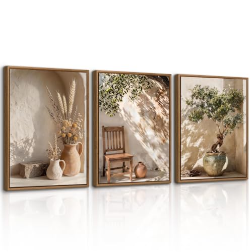 3 Pcs Framed Wabi Sabi Wall Art Neutral Earth Tone Canvas Prints 16x24 inch | Olive Tree Dried Wheat Terracotta Vase, Rustic Minimalist Farmhouse Boho Wall Decor for Bedroom Living Room - color: Neutral Earth Tone, size: 16"x24"x3Pcs