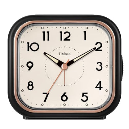 Tinload 4.3" Vintage Retro Analog Alarm Clock, Super Silent Non Ticking Clock with Manual Light, Snooze, Battery Operated, Simply Design, for Living Room, Bedroom, Bedside, Desk(Black) - style: Black-RoseGold