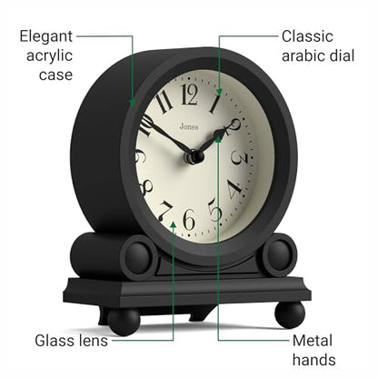 JONES CLOCKS® Maida Vale Mantel Clock | Small Traditional Desk Clock | Black | Pretty & Charming Ideal for Mantelpiece, Bookshelf or Bedside - color: Black
