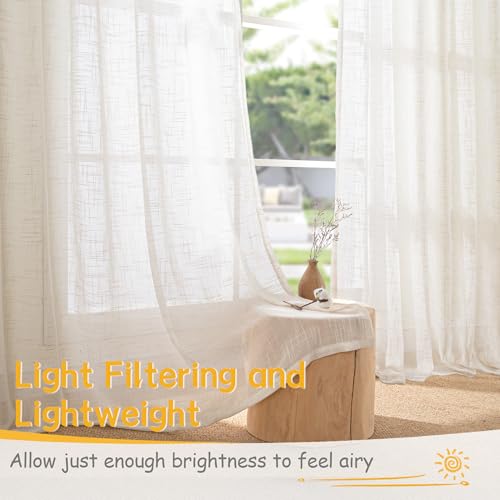 YoungsTex Linen Semi Sheer Curtains 45 Inches Long 2 Panels Set - color: Ivory White, size: 42"W x 45"L (Pack of 2)