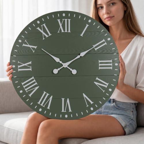 Large Wall Clock with Roman Numeral, 24” Shiplap Farmhouse Clock - color: Green, size: 24 Inch