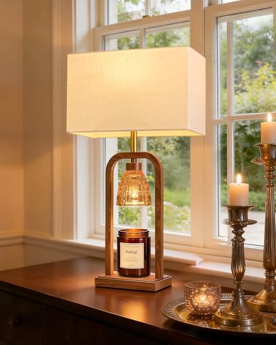 PoKat Electric Candle Warmer Lamps Gold, Lamp Candle Warmers with Timer Dimmer, Wax Light Warming Table Lamps Set of 2 for Jar Candles, Modern Bedside Lamp for Home Decor Living Room, Bulb Included - color: Set of 1 - Oak Wood With Wood-print Finish