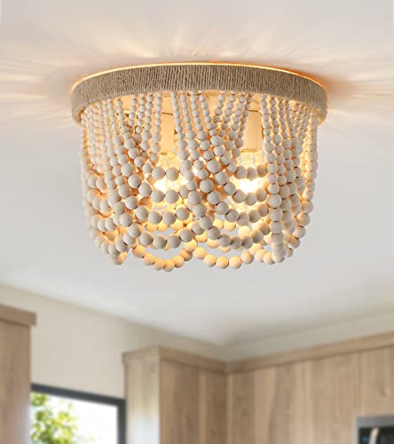 AMZASA Wood Beaded Flush Mount Ceiling Light Farmhouse Rustic Small Boho Chandelier Light Fixture for Bedroom Hallway Entryway Closet Kitchen Dining Room Living Room Nursery 3-Lights - color: Hemp Rope Ceiling Light