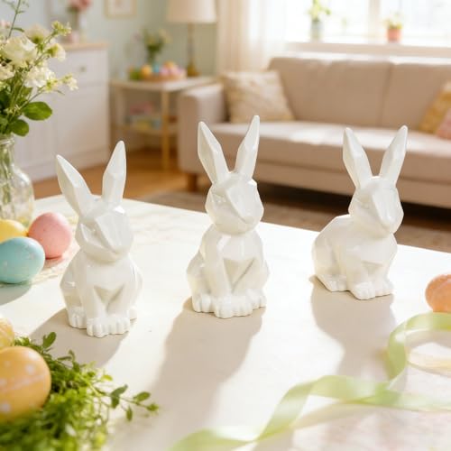 NEROSUN 3 Pack Easter Bunny Decorations, Ceramic White Rabbit Statues Ornaments, Lighted Bunny Table Centerpiece for Easter Party, Spring Home Decor and Shelf Display
