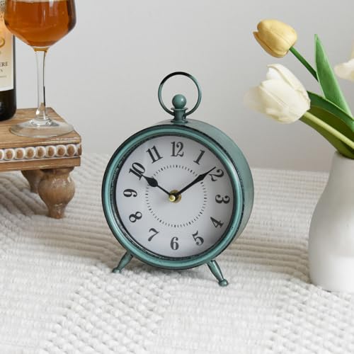 Vintage Small Rustic Green Table Clock on Stand - Decorative Desk and Shelf Clock, Battery Operated, Silent Non-Ticking Timepiece Perfect for Office, Living Room, and Bedroom Decor - color: Green, size: 8.7"H