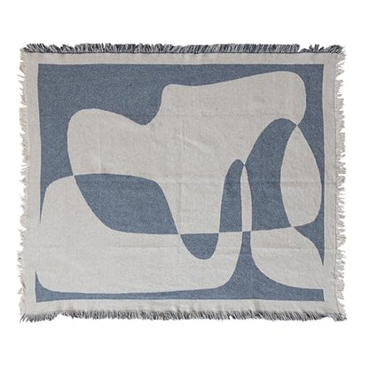 Bloomingville Woven Cotton Blend Jacquard Throw Blanket, Natural and Blue