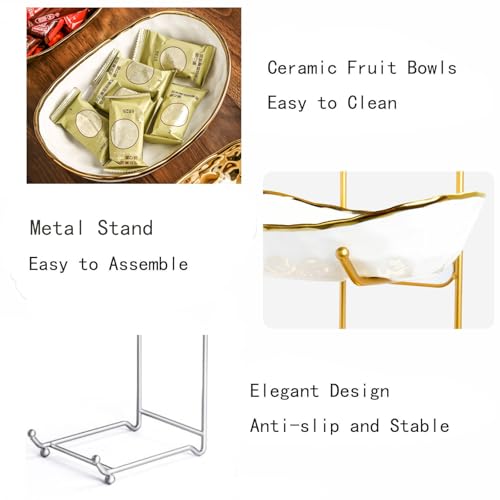 2-Tier Fruit Bowls for Kitchen Counter,Ceramic Bowl with Silver Metal Stand,2 Tier Fruit Basket for Fruit,Snack,Cake,Nuts,Dessert Space Saving Storage - color: Silver