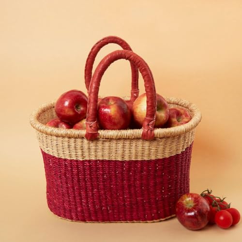 African Market Basket with Leather Handles, Red Woven Bolga Market Basket, 12" Wide - color: Red