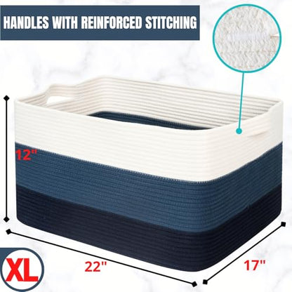 MINTWOOD Design 22in Extra Large Blanket Basket Holder Living Room, Rectangle Rope Woven Storage Basket with Handles for Laundry, Pool Towels, and Shoes, Dog Toy Organizer Bin Box, 3-Tone Blue - color: 3-Tone Blue