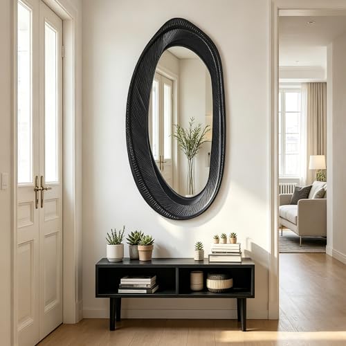 POZINO 47"X22" Large Irregular Wall Mirror, Black Asymmetrical Oval Mirror - size: 47"L x 22"W