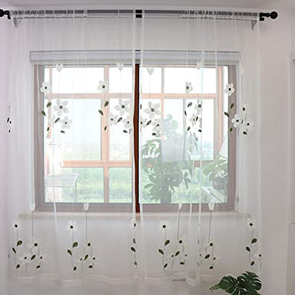 SLOW SOUL Set of 2 Panels White Magnolia Flower Embroidered Sheer Curtains for Bedroom Living Dining Room Window Treatments Drapes Villa Lace Curtain Voile Rod Pocket 52W X 72L inch - size: 52"W x 72"L (Pack of 2)