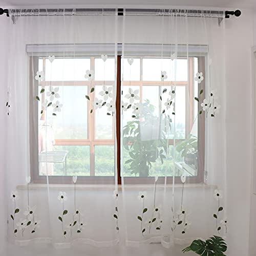 SLOW SOUL Set of 2 Panels White Magnolia Flower Embroidered Sheer Curtains for Bedroom Living Dining Room Window Treatments Drapes Villa Lace Curtain Voile Rod Pocket 52W X 79L inch - size: 52"W x 79"L (Pack of 2)