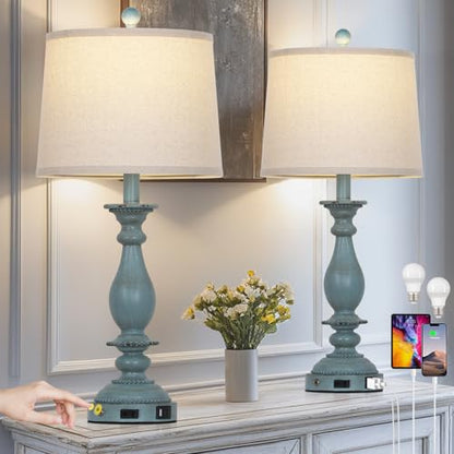 CINSARY 28" Tall Coastal Table Lamps for Living Room Set of 2, Farmhouse Rustic Blue Bedside Touch Lamp with USB C+A Ports & Outlet, 3-Way Dimmable Resin Nightstand Lamps for Bedroom Side End Table - color: Blue
