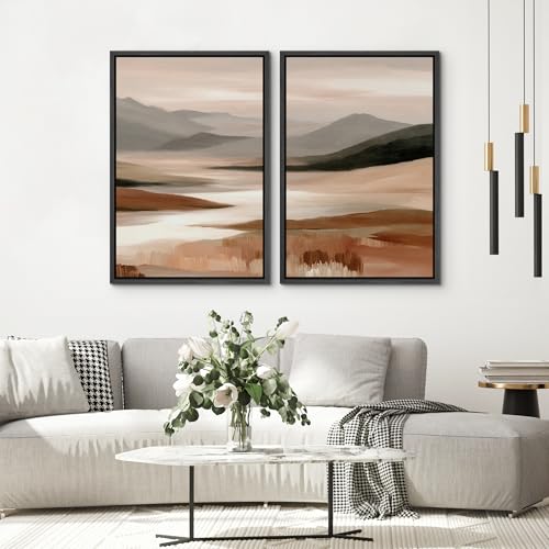 SIGNWIN Framed Canvas Print Wall Art Set Warm Earth Tone Abstract Valley Landscape Illustrations Modern Art Minimal Boho Relax/Calm for Living Room, Bedroom, Office - 16"x24"x2 Black - color: A29-2604-irs12, size: 16"x24"x2 Panels Black