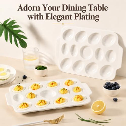 Ceramic Deviled Egg Tray 12 Slots + Sauce Center, 12 Inch for Easter Party
