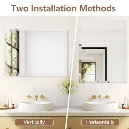 30x36 Inch Rectangle Frameless Mirror, Beveled Bathroom Mirror - size: 30"L x 36"W