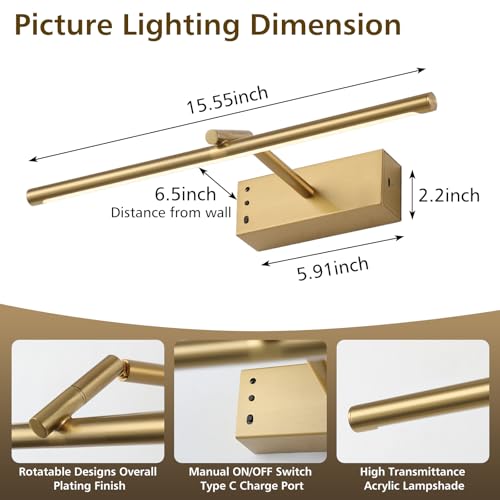 16in Brass Rechargeable Wireless Picture Light - color: Brass