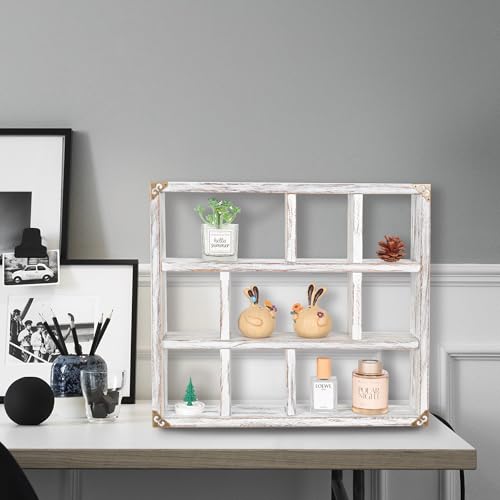 17.7x15.7-Inch Shadow Box Shelf 9-Slot Rustic Floating Shelves Larger Wall Mounted Shelf Lightweight Solid Wood Display Shelf Freestanding Farmhouse(9C-Rustic White) - color: 9c-rustic White, size: 1 PCS