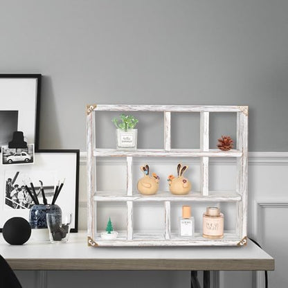 17.7x15.7-Inch Shadow Box Shelf 9-Slot Rustic Floating Shelves Larger Wall Mounted Shelf Lightweight Solid Wood Display Shelf Freestanding Farmhouse(9C-Rustic White) - color: 9c-rustic White, size: 1 PCS
