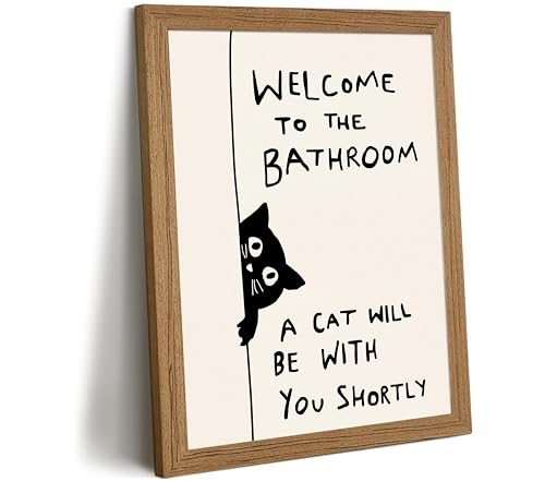 Framed Funny Cat Wall Art, Black White Animal Bathroom Painting, 12x16in - color: Black Cat, size: 12x16in