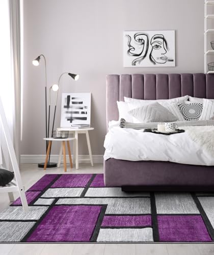 Modern 5x7 Purple Geometric Living Room Rug - Area Rugs for Living Room Dining & Bedroom - Hand Carved Runner Carpet - Durable Polyester - Non-Fade Stain-Resistant - Turkish Made - color: Purple, size: 5' x 7' (Rectangular)