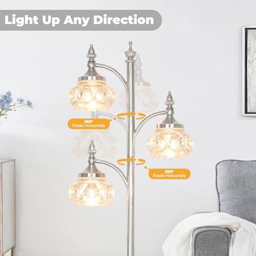 JUNNAI Brushed Nickel Floor Lamp 66.5'' Tall Standing Lamp Dimmable Tree Floor Lamps with 3 LED Lights Glass Shades Silver Lamp for Living Room Bedroom Office(3 Bulbs Included) - color: Silver
