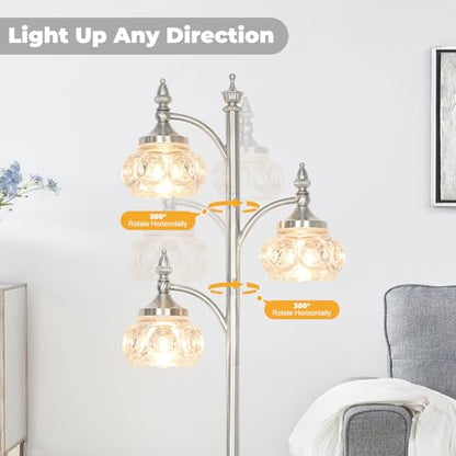 JUNNAI Brushed Nickel Floor Lamp 66.5'' Tall Standing Lamp Dimmable Tree Floor Lamps with 3 LED Lights Glass Shades Silver Lamp for Living Room Bedroom Office(3 Bulbs Included) - color: Silver