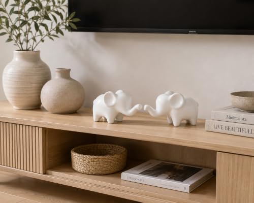 4 Inch White Ceramic Elephant Figurines Set of 2 - color: White