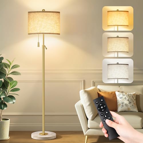 Modern Gold Floor Lamp for Living Room, Floor Lamp with Remote Control, Adjustable Height Standing Lamp with Marble Base & Linen Shade, Dimmable Tall Floor Light for Bedroom, Reading - color: Gold-Remote Control