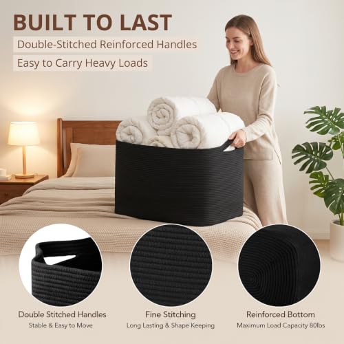 OIASKET 70L Large Blanket Basket, 21.6" x 16.9" x 11.8" Woven Basket - color: Black, size: 21.6"x16.9"x11.8"