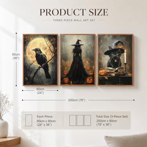 KAIRNE Black Cat Halloween Wall Art Dark Witch Gothic Print Set-24’’X36’’X3 - color: Dark Halloween, size: 24"Lx36"W