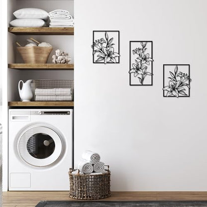 Set of 3 Lily Black Metal Wall Art Line Art Living Room Bathroom Home Decor | 3-Piece Matte Black Lily Metal Wall Sculpture, Floral Line Decor for Living Room Bedroom Bathroom, Ideal All-Occasion Gift