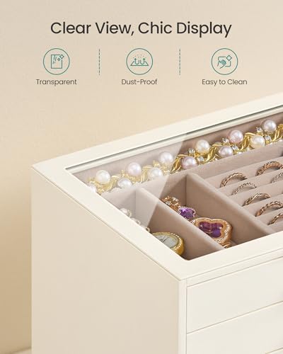 SONGMICS 5-Layer Jewelry Box with Glass Window, 5 Drawers, Golden Handles - color: Cream White, size: 5-Tier