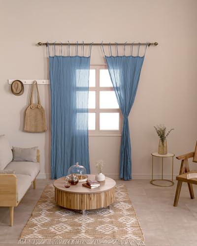 TARAN LIVING Sheer Crinkle Curtain Panel Set of 2, 100% Washable Cotton Window Treatment Rod Pocket Curtain Panels for Kitchen, Bedroom and Living Room (Blue, Long Door (40"x96")) - color: Blue