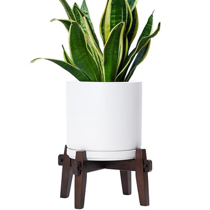 D'vine Dev Ceramic Planter with Wood Stand - 8 Inch Mid Century Modern Cylinder Indoor Plant Pot Set for Indoor Plants & Flowers, White, 55-A-Y-1 - size: 8 inch