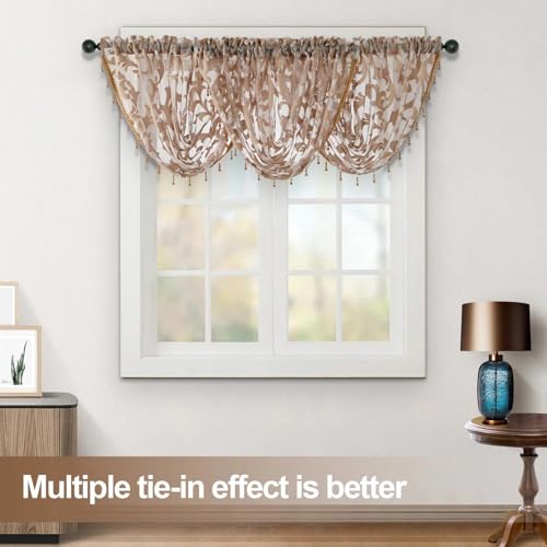 NAPEARL Swag Valance for Windows Tan Beige Organza Sheer Waterfall Curtain, Decorative Elegant Beaded Tassel Trim Rod Pocket Sheer Window Treatment for Bathroom, Kitchen, Small Windows - color: Beige, size: 40"W x 17"L (Pack of 1)