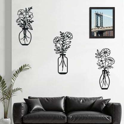 Lcaughsy Metal-Wall-Art Decoration - Metal Wall Decor Floral and Picture Frame For Living Room, 3 Pcs Hanging Wall Decor Art for Home Dining Room Bedroom Kitchen Farmhouse, Black