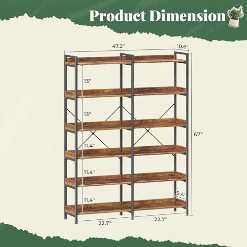 Huuger 6 Tier Bookshelf with 12 Open Shelves and Raised Baffle, Rustic Brown - color: Rustic Brown, size: 6 Tier