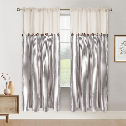 ASPMIZ Cotton Linen Farmhouse Curtains Boho Rustic Button Panel, Country Window Curtain Panels, Brown Stripe Modern Curtains for Living Room, Back Tab & Rod Pocket Curtain 52 x 63 Inch, 2 Panels - color: Beige&brown, size: 52"W x 63"L (Pack of 2)