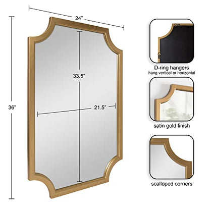 Kate and Laurel Hogan Wood Framed Wall Accent Mirror with Scalloped Corners, 24x36 Inches, Gold