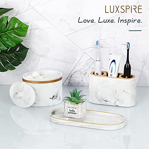 Luxspire 9.8" Bathroom Vanity Tray Marble Ceramic Dresser Jewelry Dish - color: Marble White+gold, style: Small