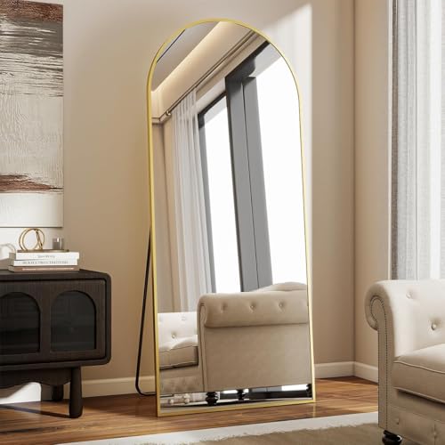 VooBang Arch Mirror Full Length, 26" x 71" Floor Mirror with Stand, Aluminum Alloy Frame Full Body Mirror, Standing Hanging or Leaning Against Wall for Bedroom and Living Room, Gold - color: Gold, size: 71"L x 26"W