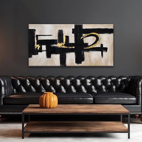 Black And Off-White Abstract Canvas Wall Art For Living Room Prints 24 x 48 - color: black gold, size: 48"L x 24"W