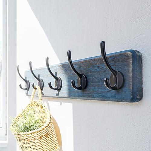 Dseap Coat Rack Wall: Patented, Heavy-Duty, 5-Double-Hooks Wooden Wall Mounted Coat Rack Coat Hanger Hook Rail for Winter Coats Hat Jacket Clothing, Weathered Blue, Pack of 2 - color: Weathered Blue & Black, size: L=17.4" (2pcs)