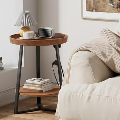 Gadroad Round End Table with Charging Station, Brown - color: Brown, size: 15.75"D x 15.75"W x 23"H (with Charging Station)