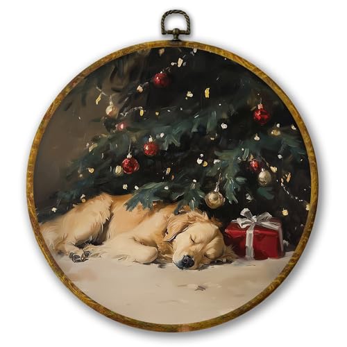 Mcehtle Vintage Golden Retriever Christmas Wall Art Decor, Christmas Tree Farm Framed Canvas Prints 10x10, Cozy Xmas Dog Round Wall Hanging Artwork Decorations for Home Bedroom Room - color: Colour 14