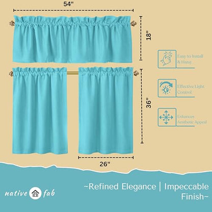 Native Fab Kitchen Window Curtains, 3 Piece Set, Valance 54x18, Tiers 26x36 Inch, Rod Pocket, Semi Sheer, Privacy Tiers with Topper, Durable, Great for Beach House, Bathroom, Dining Area, Ocean Blue - color: Ocean Blue