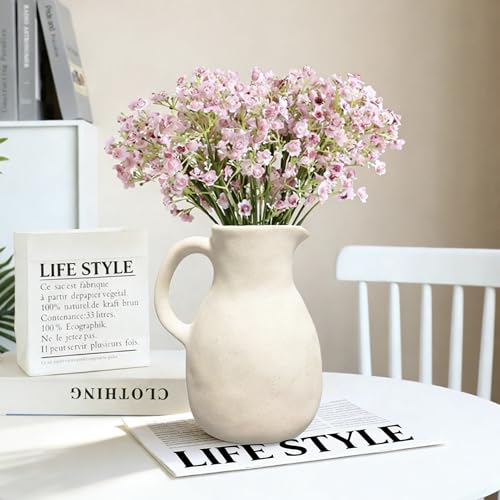 Rustic White Ceramic Vase for Home Decor, Antique Farmhouse Clay Jug Pitcher Vases for Aesthetic Textured Large Vintage Pottery with Handle for Centerpiece… - size: 8''A